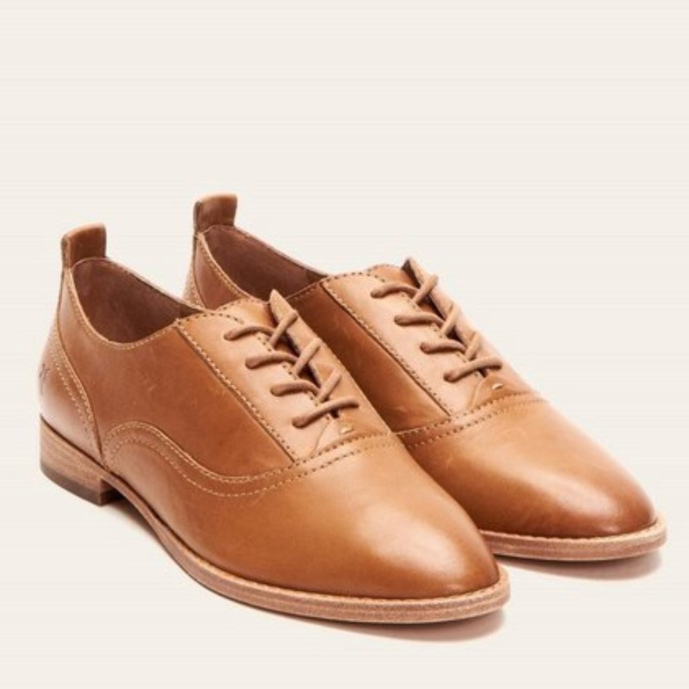 $328 Frye Grace Oxford Cognac Brown Real Leather Lace Up Casual Comfy Daily Flat